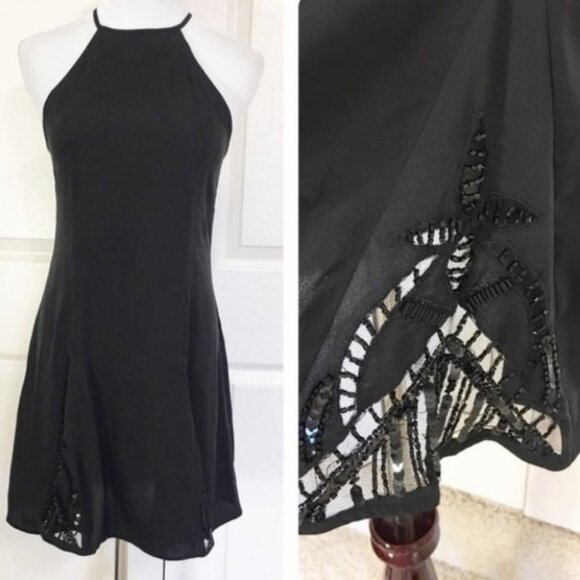 Revolve NBD Black Halter Dress Beaded Floral Size Medium Minimalist Capsule Boho - Picture 9 of 15